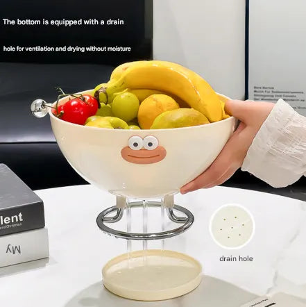 Beige Whimsical Covered Fruit Bowl with Flip Lid & Drainer - Cute Design Snack & Candy Dish for Living Room - Image 5