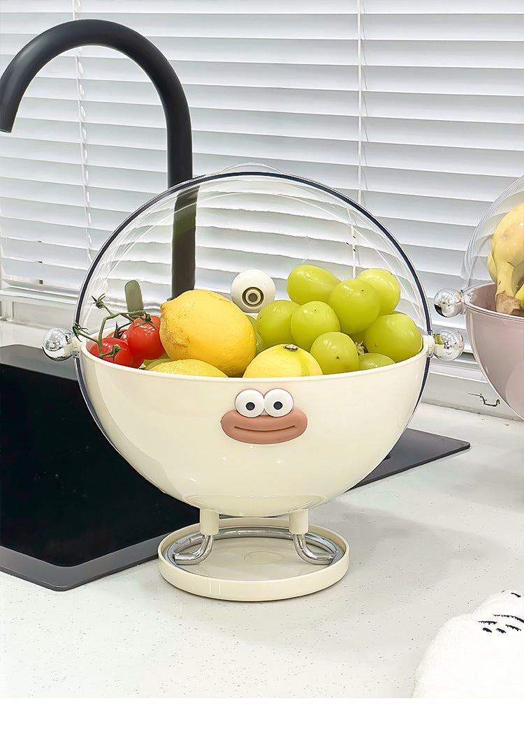 Beige Whimsical Covered Fruit Bowl with Flip Lid & Drainer - Cute Design Snack & Candy Dish for Living Room - Image 8