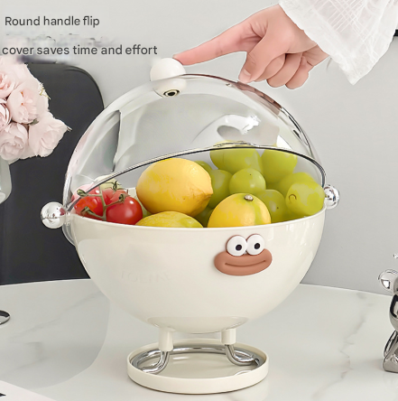 Pink Whimsical Covered Fruit Bowl with Flip Lid & Drainer - Cute Design Snack & Candy Dish for Living Room - Image 3