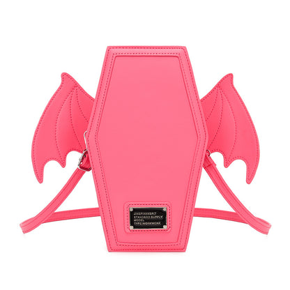 Rose Red Gothic Coffin Bat Wing Convertible Crossbody Bag - Punk PU Leather Shoulder Purse & Mini Backpack