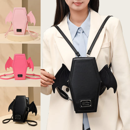 Rose Red Gothic Coffin Bat Wing Convertible Crossbody Bag - Punk PU Leather Shoulder Purse & Mini Backpack - Image 2