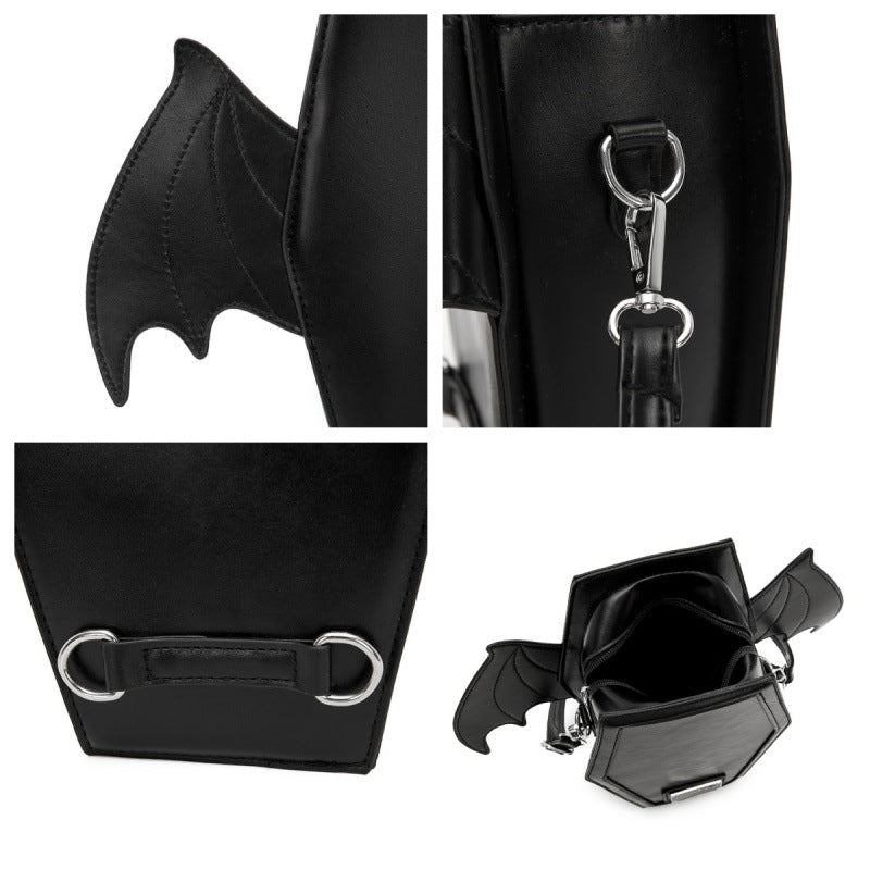 Rose Red Gothic Coffin Bat Wing Convertible Crossbody Bag - Punk PU Leather Shoulder Purse & Mini Backpack - Image 4