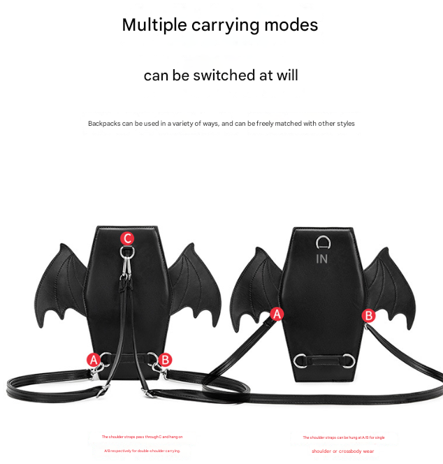 Rose Red Gothic Coffin Bat Wing Convertible Crossbody Bag - Punk PU Leather Shoulder Purse & Mini Backpack - Image 5