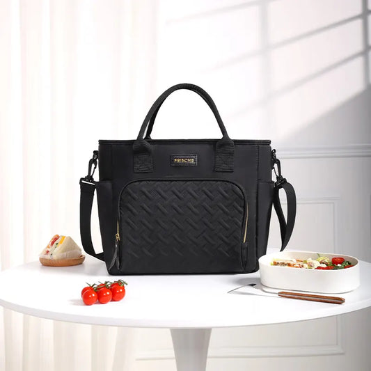 Black Chic Insulated Lunch Tote Bag - 11L Large Capacity Cooler for Work, Picnic & Travel - Durable Oxford Fabric