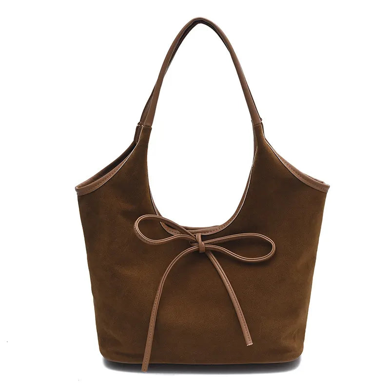 Brown Chic Retro Suede-Finish PU Leather Tote Bag - Large Capacity Shoulder Bag with Tie Accent