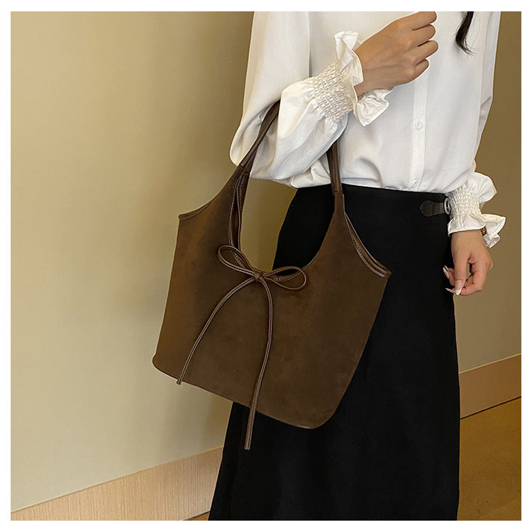 Brown Chic Retro Suede-Finish PU Leather Tote Bag - Large Capacity Shoulder Bag with Tie Accent - Image 5