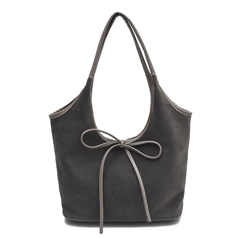 Grey Chic Retro Suede-Finish PU Leather Tote Bag - Large Capacity Shoulder Bag with Tie Accent