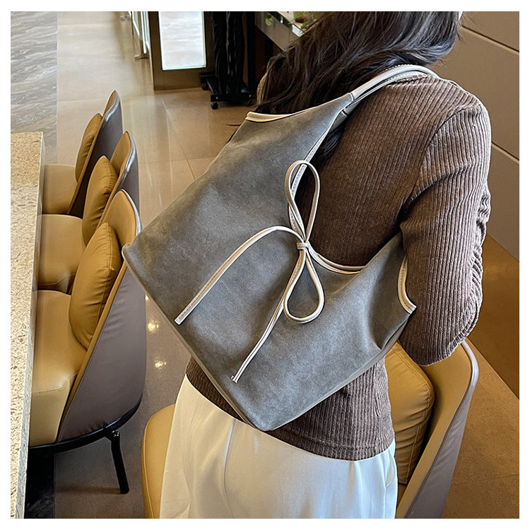 Grey Chic Retro Suede-Finish PU Leather Tote Bag - Large Capacity Shoulder Bag with Tie Accent - Image 5