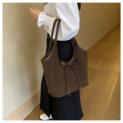 Coffee Chic Retro Suede-Finish PU Leather Tote Bag - Large Capacity Shoulder Bag with Tie Accent - Image 5