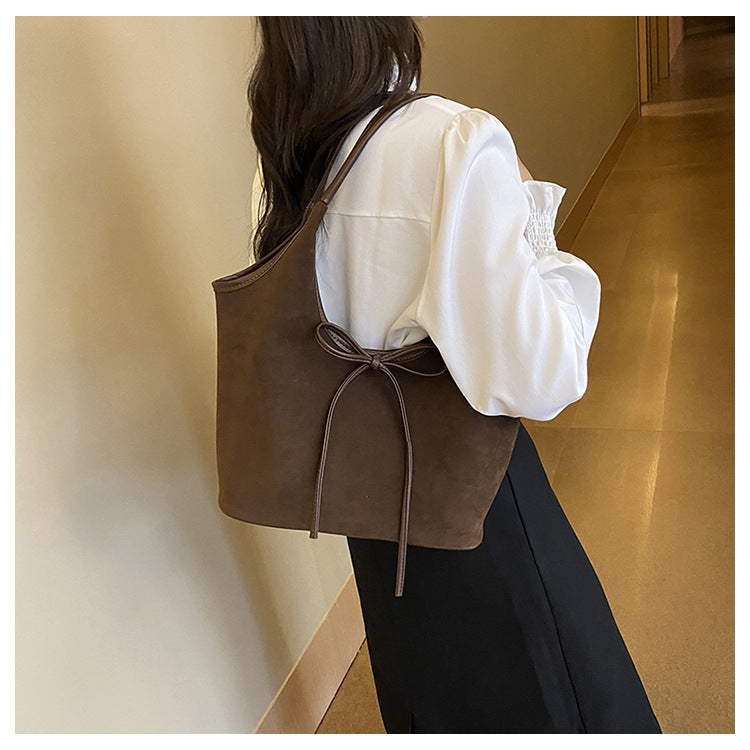 Coffee Chic Retro Suede-Finish PU Leather Tote Bag - Large Capacity Shoulder Bag with Tie Accent - Image 6