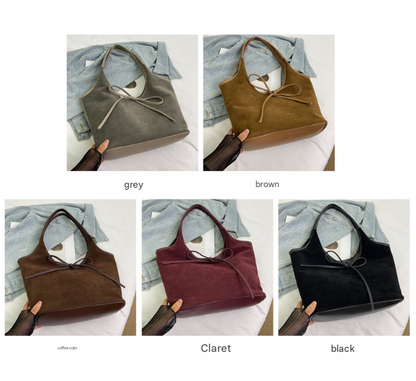 Black Chic Retro Suede-Finish PU Leather Tote Bag - Large Capacity Shoulder Bag with Tie Accent - Image 2