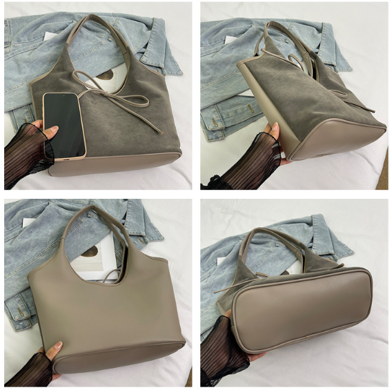 Black Chic Retro Suede-Finish PU Leather Tote Bag - Large Capacity Shoulder Bag with Tie Accent - Image 3