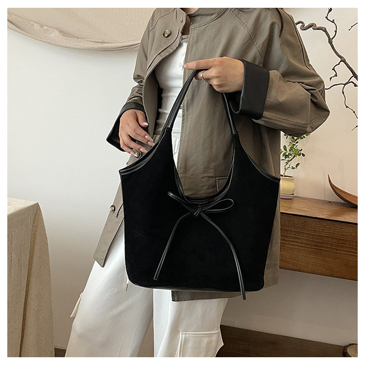 Black Chic Retro Suede-Finish PU Leather Tote Bag - Large Capacity Shoulder Bag with Tie Accent - Image 6