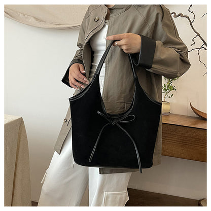 Black Chic Retro Suede-Finish PU Leather Tote Bag - Large Capacity Shoulder Bag with Tie Accent - Image 6