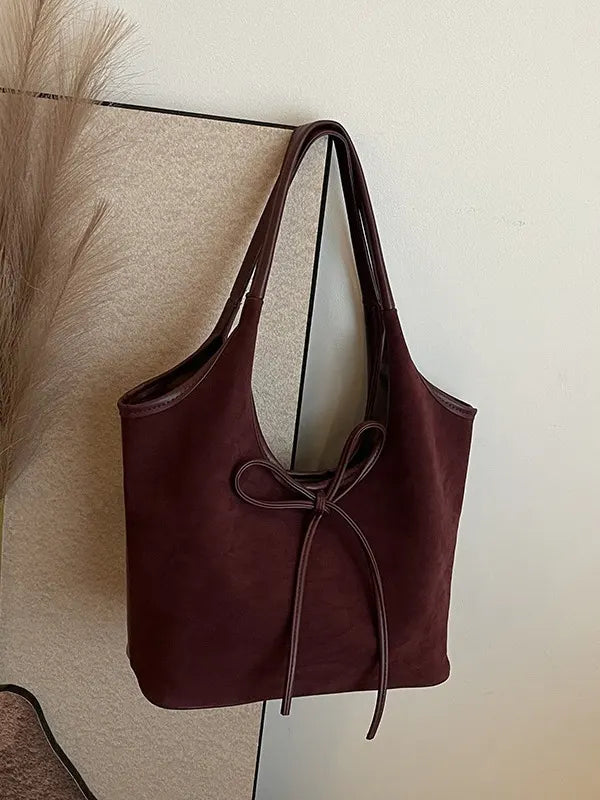 Claret Red Chic Retro Suede-Finish PU Leather Tote Bag - Large Capacity Shoulder Bag with Tie Accent