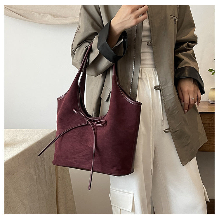 Claret Red Chic Retro Suede-Finish PU Leather Tote Bag - Large Capacity Shoulder Bag with Tie Accent - Image 5