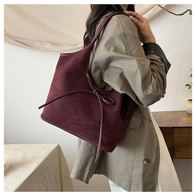 Claret Red Chic Retro Suede-Finish PU Leather Tote Bag - Large Capacity Shoulder Bag with Tie Accent - Image 6