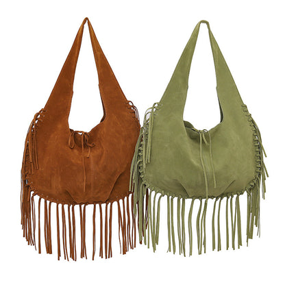 Green Boho Chic Fringed Hobo Bag - Large Capacity Soft Faux Suede Shoulder Tote with Tassel Detail - Image 2