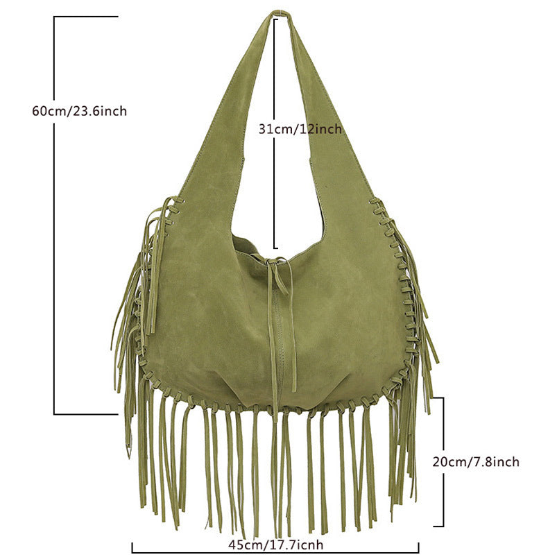 Green Boho Chic Fringed Hobo Bag - Large Capacity Soft Faux Suede Shoulder Tote with Tassel Detail - Image 3