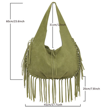 Green Boho Chic Fringed Hobo Bag - Large Capacity Soft Faux Suede Shoulder Tote with Tassel Detail - Image 3