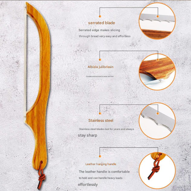 2 Pcs Brown Artisan Wooden Bread Bow Knife - Serrated Stainless Steel Slicer for Effortless Crumb-Free Cutting - Image 3
