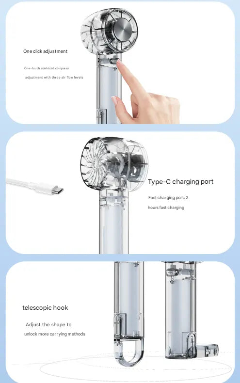 Transparent White Portable Mini Cooling Fan with Semiconductor Ice Compress - USB-C Rechargeable, 3-Speed Turbine & Transparent Design - Image 5