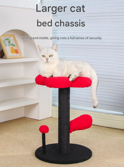Red and Black Adorable Flower Cat Tree - Plush Perch, Sisal Scratching Post & Spring Ball Toy - Image 4