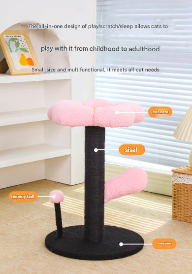 Pink and Black Adorable Flower Cat Tree - Plush Perch, Sisal Scratching Post & Spring Ball Toy - Image 2