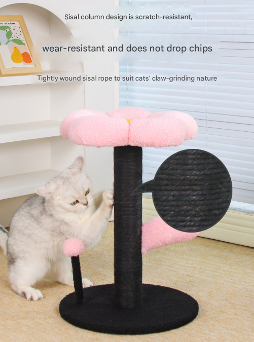 Pink and Black Adorable Flower Cat Tree - Plush Perch, Sisal Scratching Post & Spring Ball Toy - Image 3