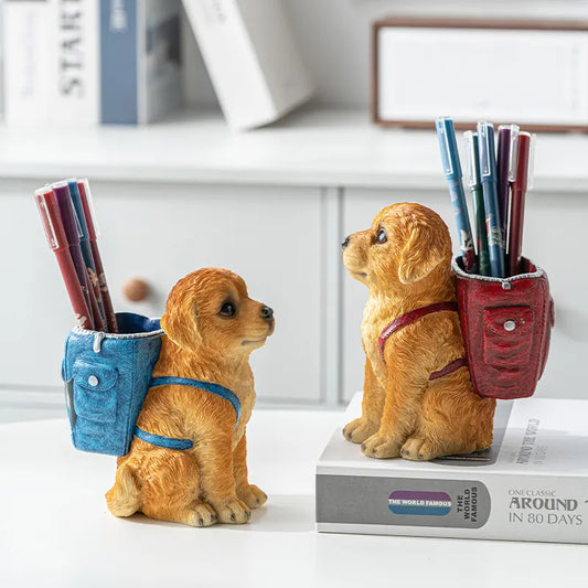 Blue Backpack Charming Golden Retriever Puppy Pen Holder - Resin Desktop Organizer & Decorative Figurine - Image 2