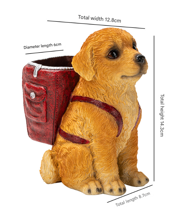 Blue Backpack Charming Golden Retriever Puppy Pen Holder - Resin Desktop Organizer & Decorative Figurine - Image 3
