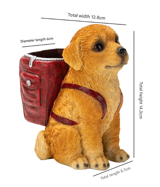 Red Backpack Charming Golden Retriever Puppy Pen Holder - Resin Desktop Organizer & Decorative Figurine - Image 3