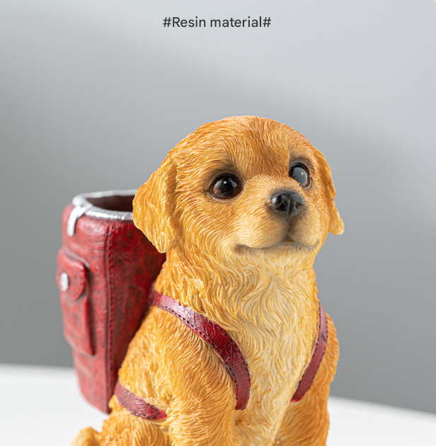 Red Backpack Charming Golden Retriever Puppy Pen Holder - Resin Desktop Organizer & Decorative Figurine - Image 4