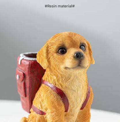 Red Backpack Charming Golden Retriever Puppy Pen Holder - Resin Desktop Organizer & Decorative Figurine - Image 4