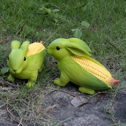 Green And Yellow Whimsical Resin Corn Rabbit Garden Statue - Unique Outdoor Yard Art Figurine with Decorative Sign - Image 2