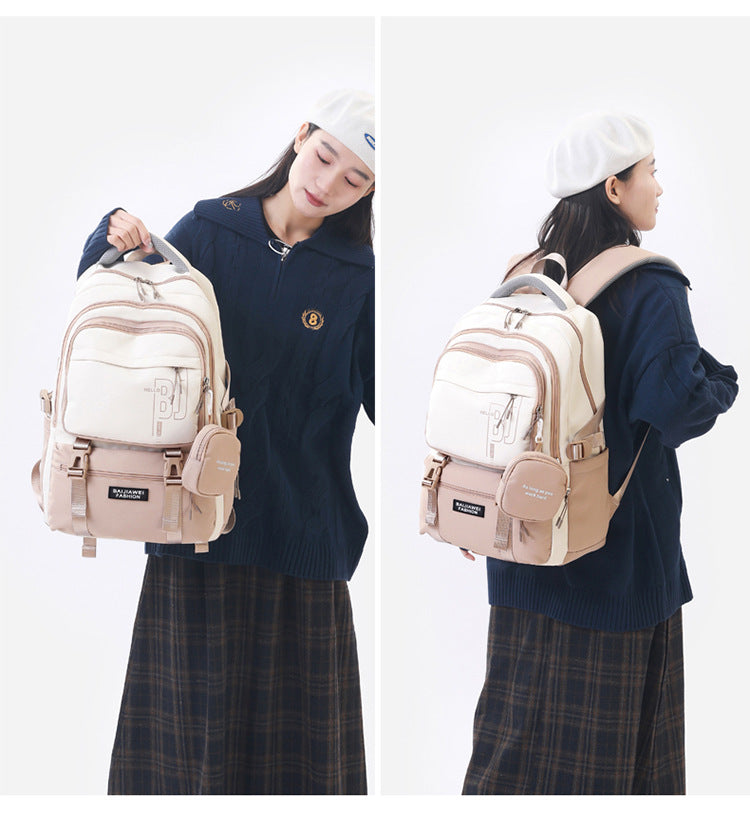 Brown and White Large Capacity Student Backpack - Durable Oxford Cloth School Bag with Laptop Compartment & Multiple Pockets - Image 2