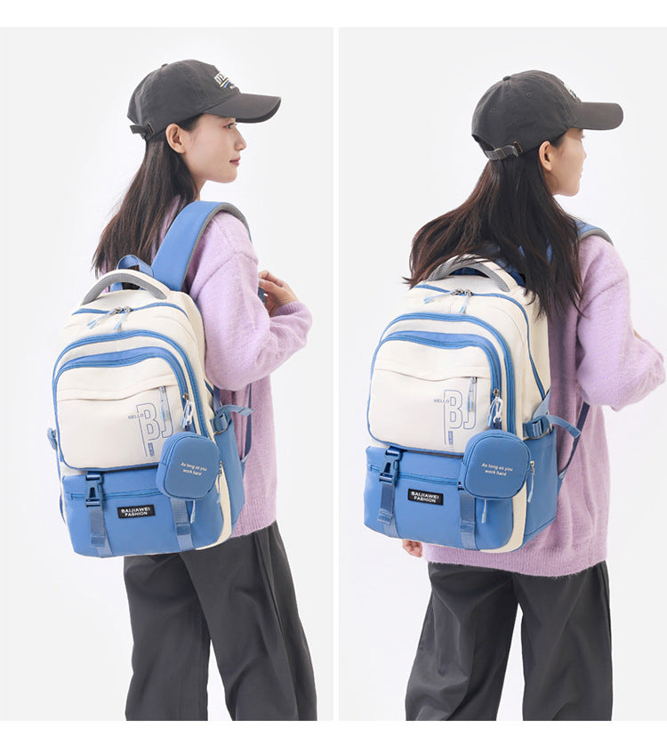 Blue and White Large Capacity Student Backpack - Durable Oxford Cloth School Bag with Laptop Compartment & Multiple Pockets - Image 2