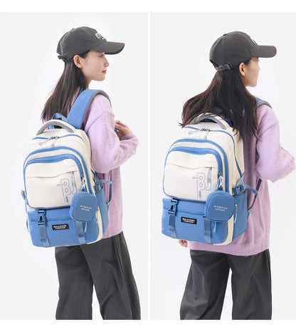 Blue and White Large Capacity Student Backpack - Durable Oxford Cloth School Bag with Laptop Compartment & Multiple Pockets - Image 2
