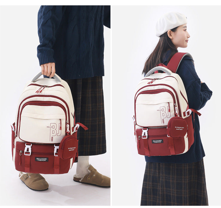 Red and White Large Capacity Student Backpack - Durable Oxford Cloth School Bag with Laptop Compartment & Multiple Pockets - Image 2