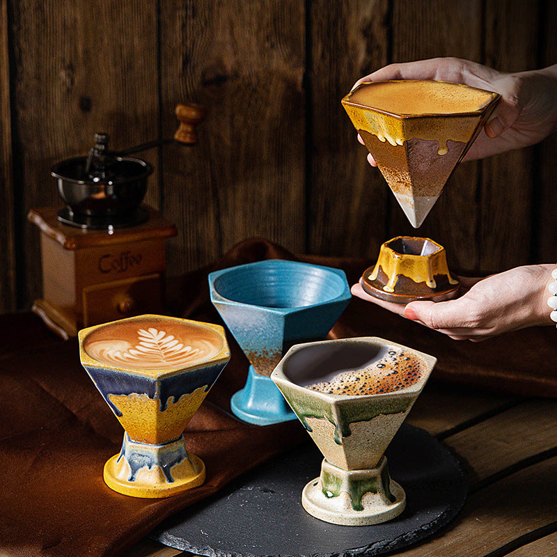 Brown and Gold Artistic Hexagonal Ceramic Coffee Cup & Stand Set - 180ml Nordic Design Drip Glaze Mug - Image 2