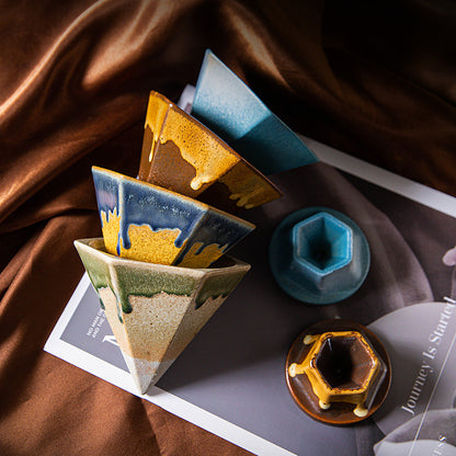 Blue and Gold Artistic Hexagonal Ceramic Coffee Cup & Stand Set - 180ml Nordic Design Drip Glaze Mug - Image 3