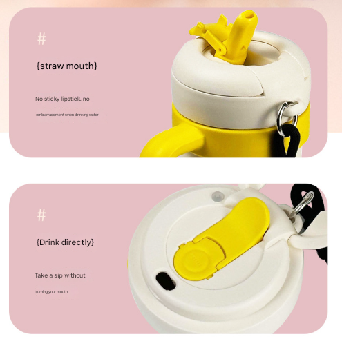 Beige and Yellow 700ml Insulated Stainless Steel Tumbler with Handle, Dual-Sip Lid, Straw & Tea Infuser - Image 7