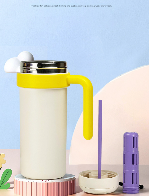 Pink and Black 700ml Insulated Stainless Steel Tumbler with Handle, Dual-Sip Lid, Straw & Tea Infuser - Image 5