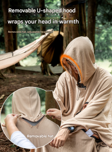 Khaki Cozy 4-in-1 Wearable Fleece Poncho Sleeping Bag - Multifunctional Camping Blanket with Detachable Hood - Image 5