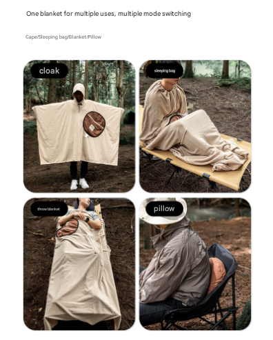 Khaki Cozy 4-in-1 Wearable Fleece Poncho Sleeping Bag - Multifunctional Camping Blanket with Detachable Hood - Image 6
