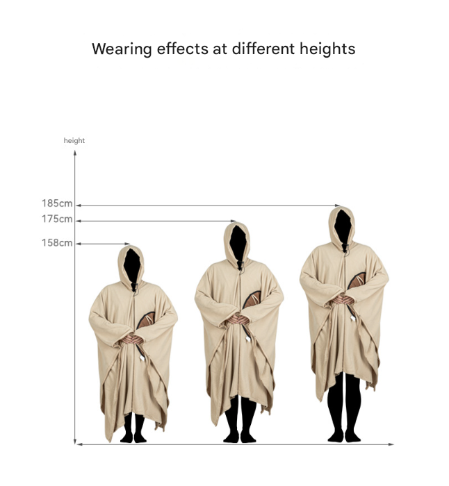 Khaki Cozy 4-in-1 Wearable Fleece Poncho Sleeping Bag - Multifunctional Camping Blanket with Detachable Hood - Image 8