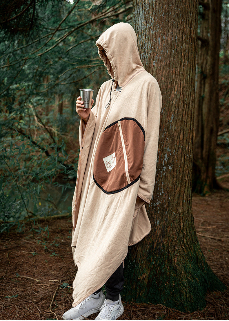 Khaki Cozy 4-in-1 Wearable Fleece Poncho Sleeping Bag - Multifunctional Camping Blanket with Detachable Hood - Image 9
