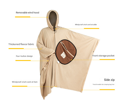 Green Cozy 4-in-1 Wearable Fleece Poncho Sleeping Bag - Multifunctional Camping Blanket with Detachable Hood - Image 3