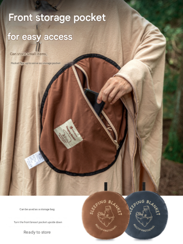 Green Cozy 4-in-1 Wearable Fleece Poncho Sleeping Bag - Multifunctional Camping Blanket with Detachable Hood - Image 4