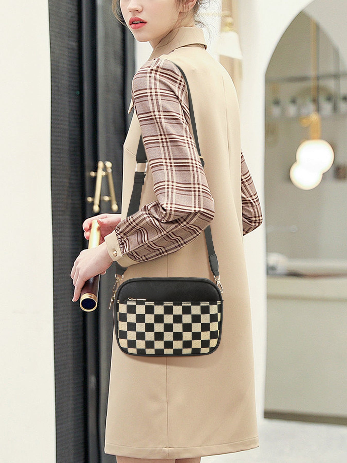 Black Stylish Checkerboard Crossbody Camera Bag - PU Leather with Adjustable Wide Strap - Image 2